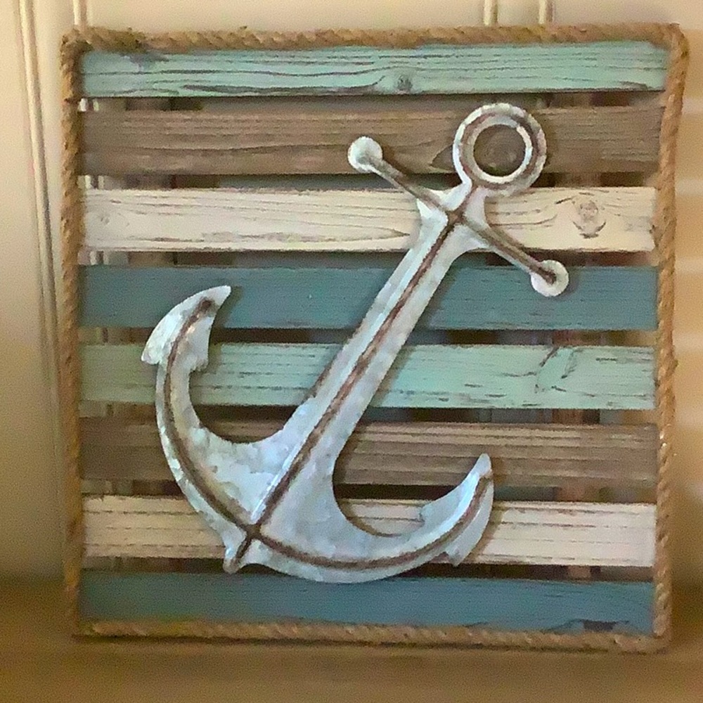 Wooden Beach Anchor Sign | Cream & Blues